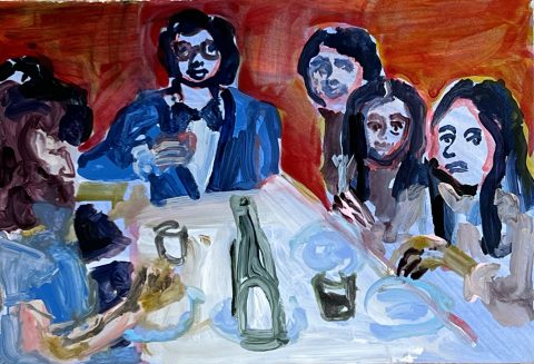 Works on Paper Friday night dinner,
Acrylic on paper, 
10 x 15cm,
2024
